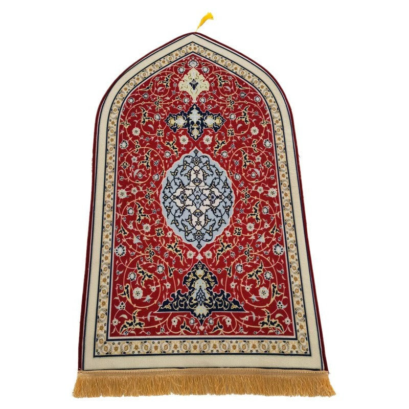 Decorative prayer rug with intricate patterns on a white background