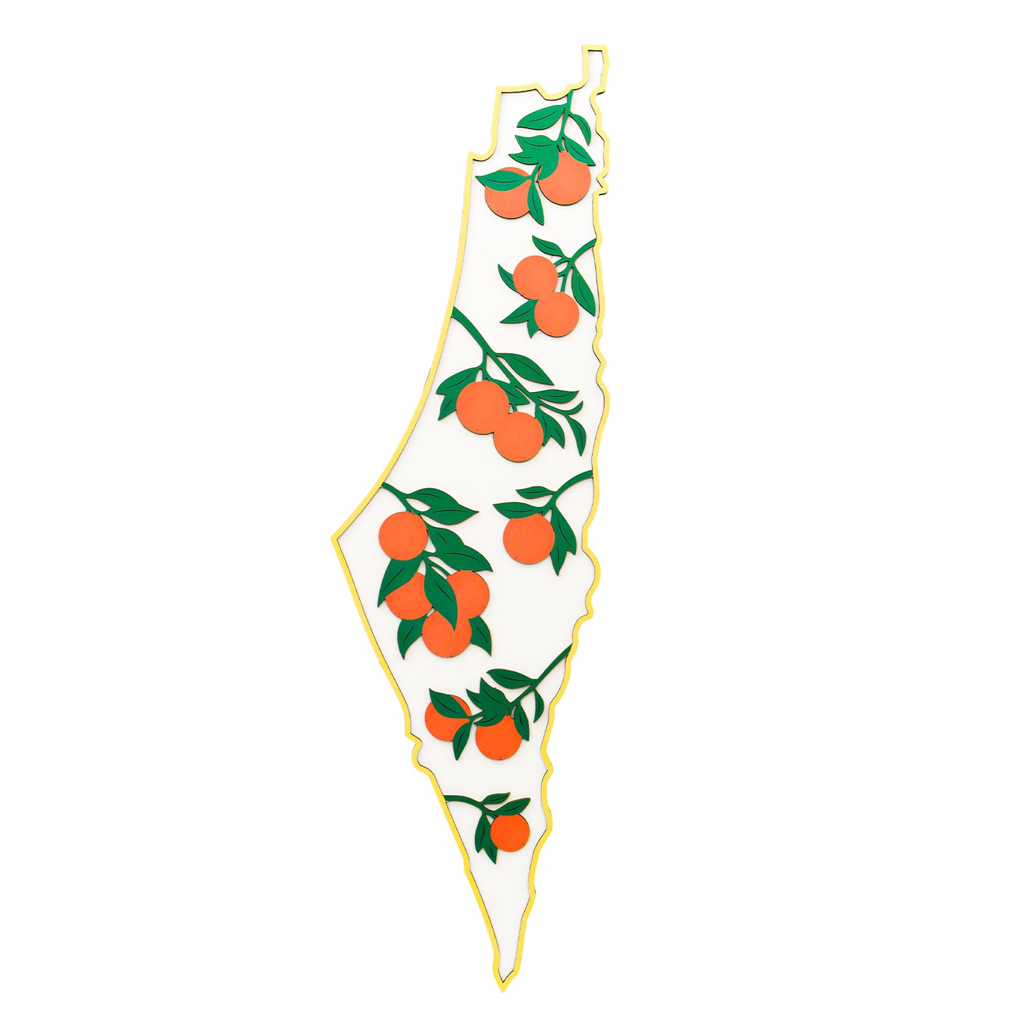 wooden Map of palestine with orange trees on a white background