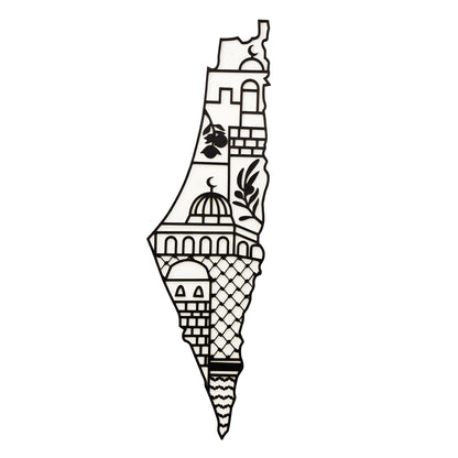 Black and white wooden map of a stylized map of Palestine with architectural elements.
