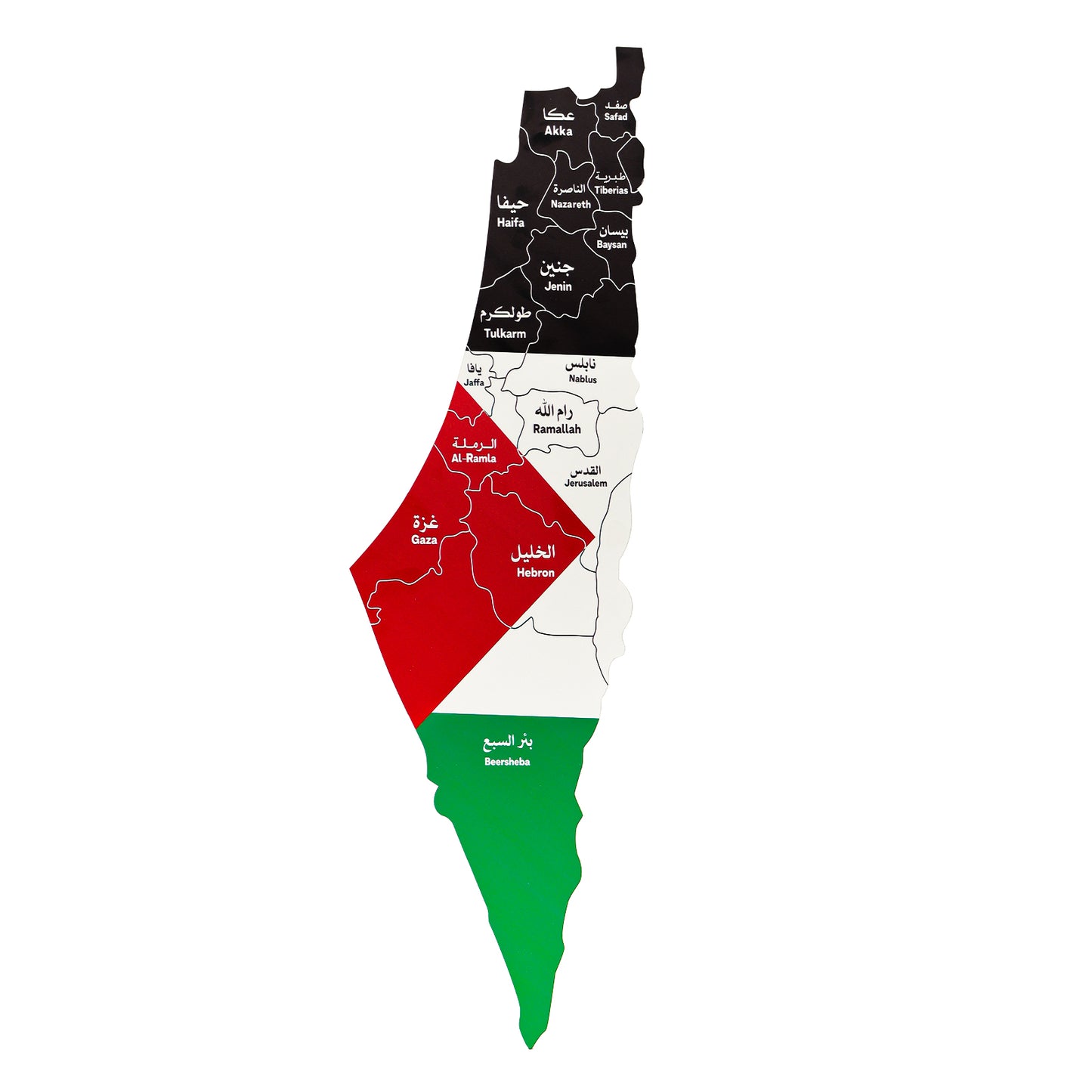 wooden map of Palestine with black, red, and green colors on a white background