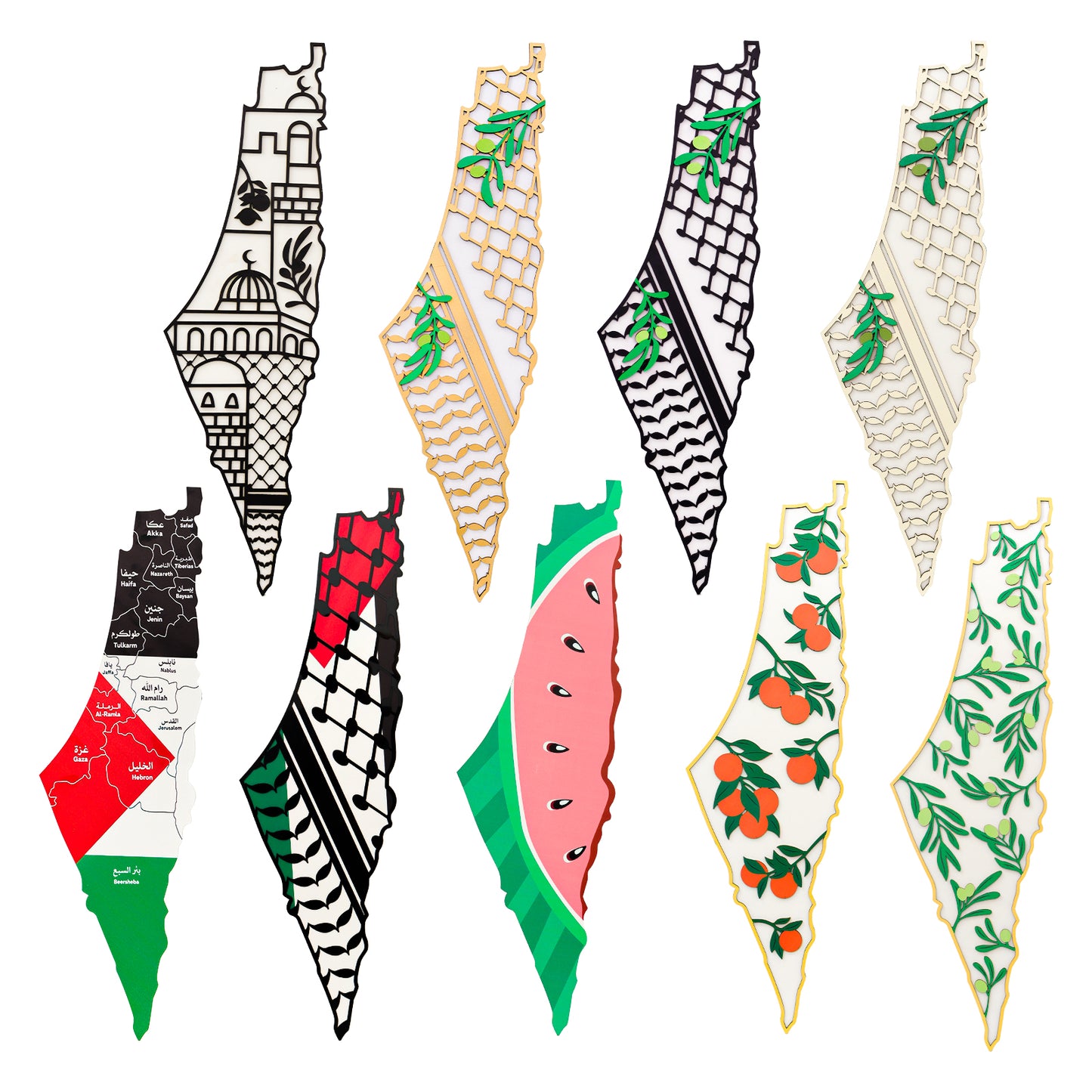 Set of stylized maps of Palestine  with various designs and colors on a white background.