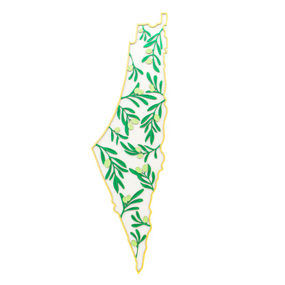 wooden Map of palestine with green leaf pattern on a white background