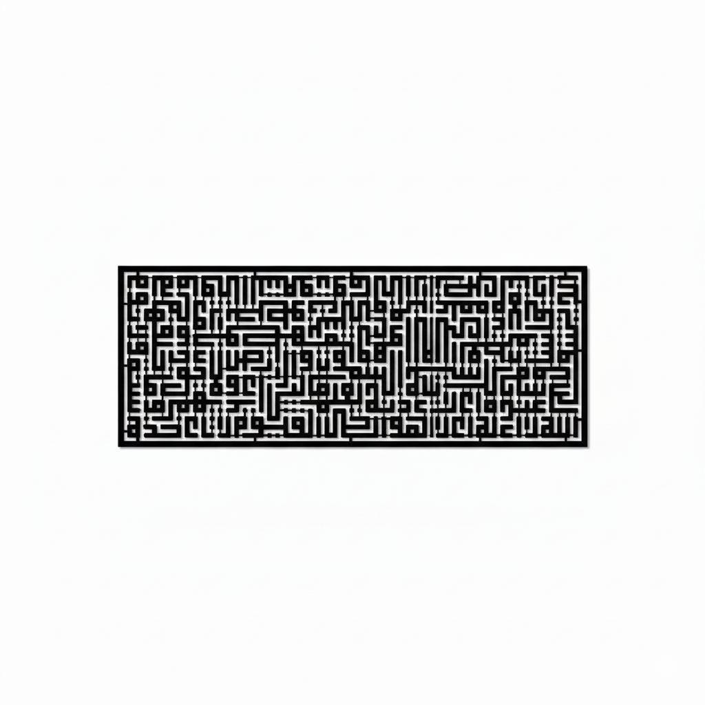 Black geometric patterned Islamic decor kufic calligraphy of Ayatul Kursi with on a background