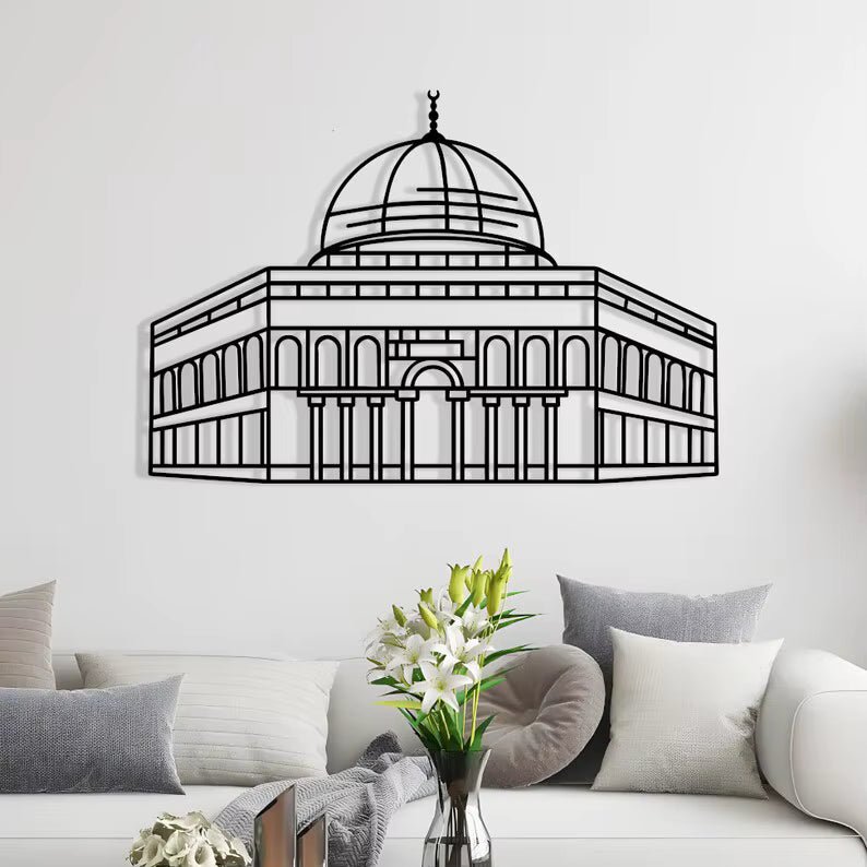 metal wall art of Al-Aqsa (dome of the rock) on a light background in a modern living room
