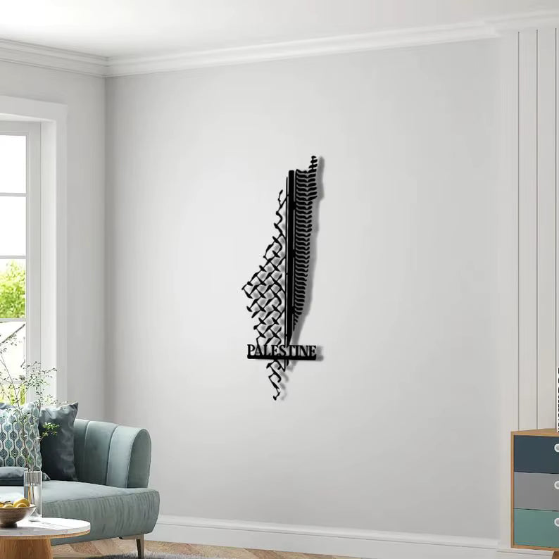 Decorative metal wall art of a map of Palestine in a living room setting.