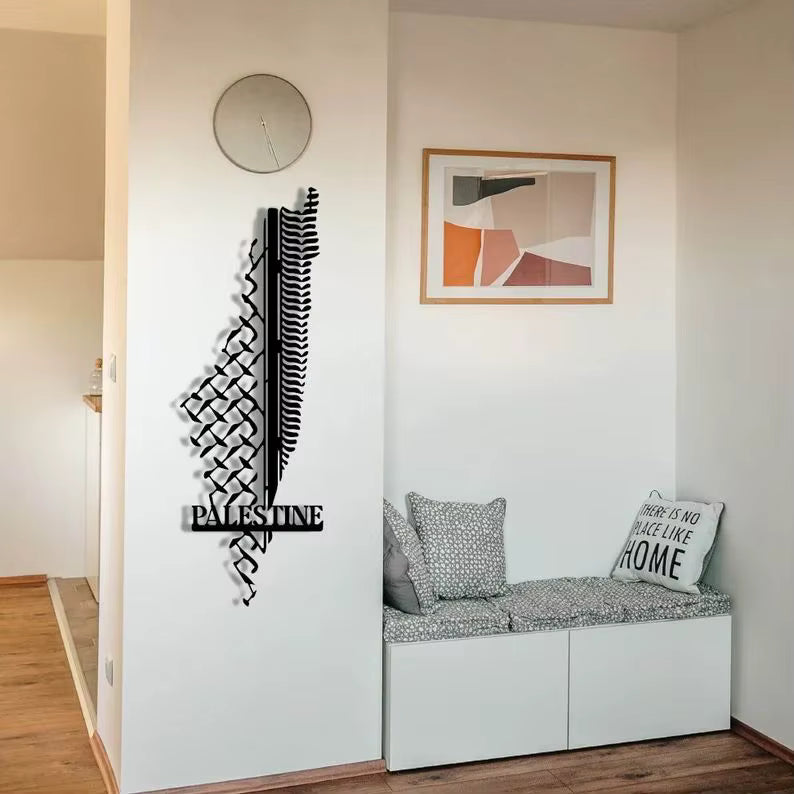 Decorative wall art of a map of Palestine in a modern interior setting.