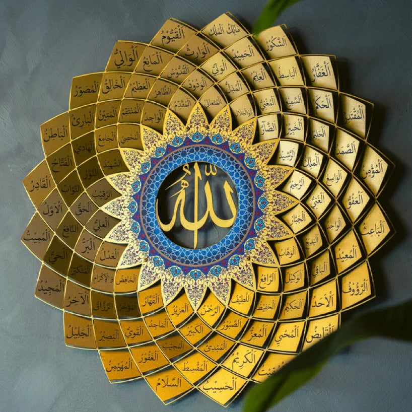 Decorative islamic wall art with gold and blue design on a gray background