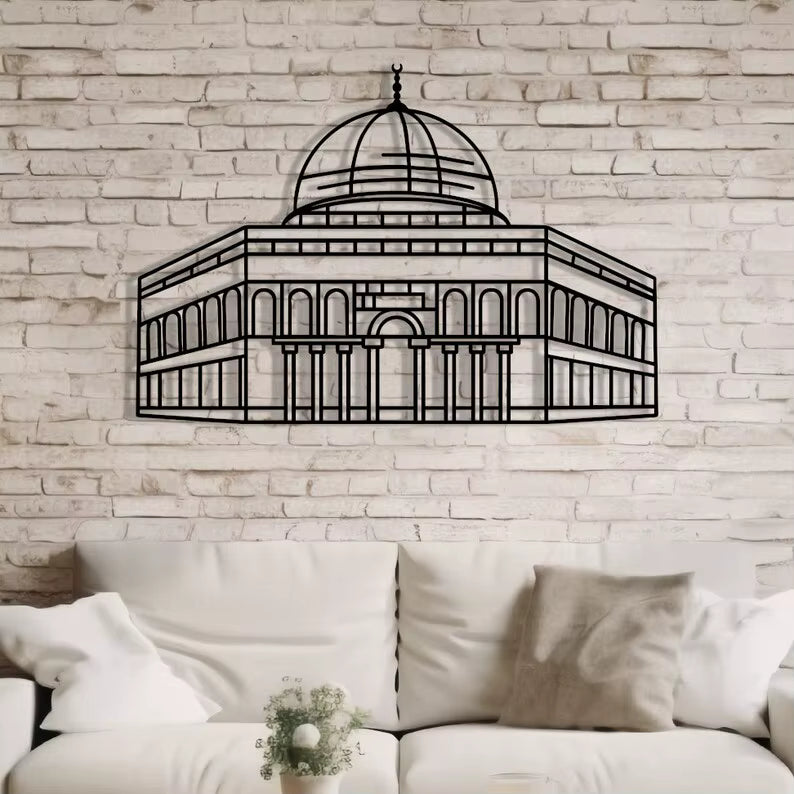 metal wall art of Al-Aqsa (dome of the rock) on a light background in a modern living room