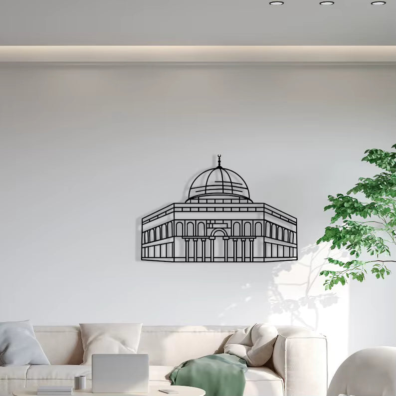 metal wall art of Al-Aqsa (dome of the rock) on a light background in a modern living room