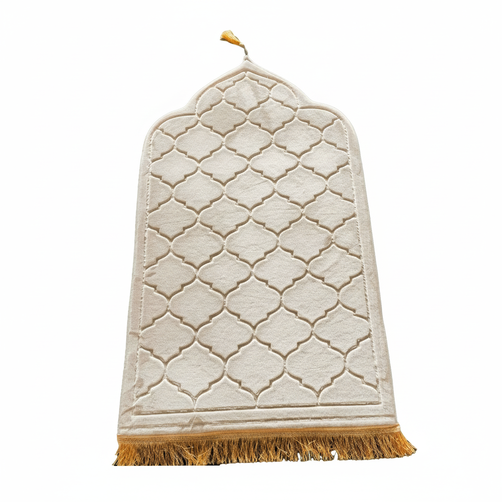 White textured prayer mat (rug) with gold geometric pattern and fringes on a white background