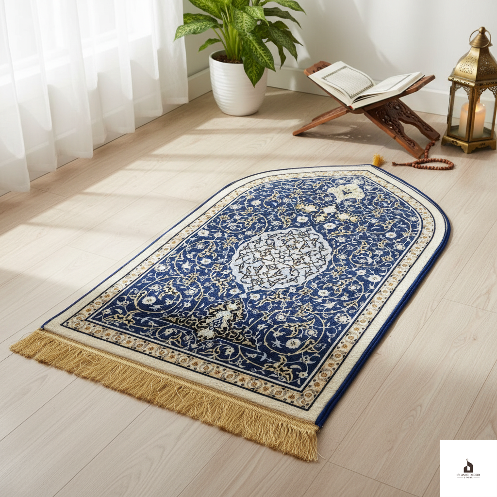 Decorative blue and gold prayer rug on a wooden floor with a plant and lantern in the background.