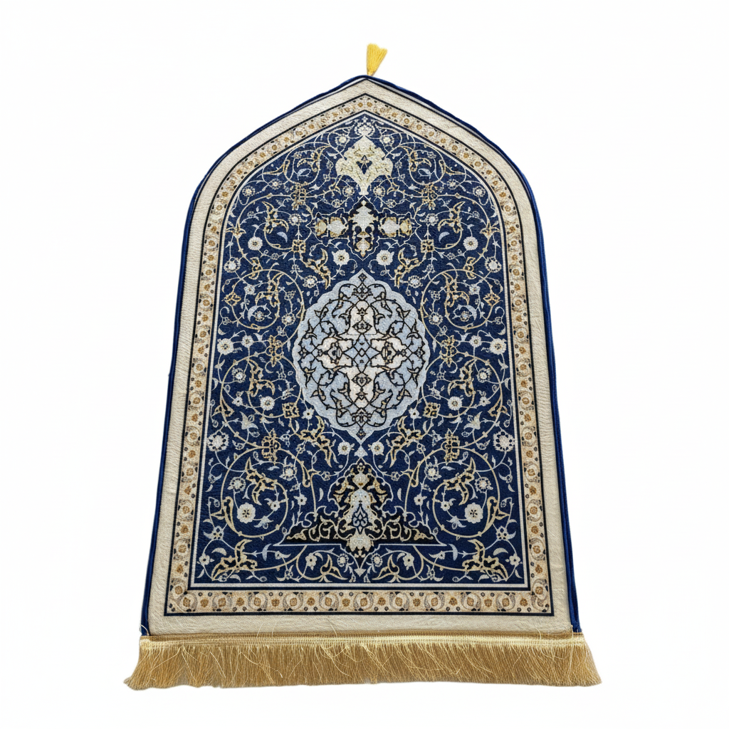 Decorative blue and beige prayer mat with intricate patterns on a white background