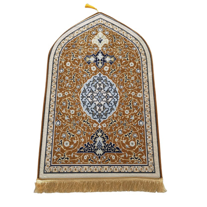 Decorative prayer rug with intricate patterns on a white background