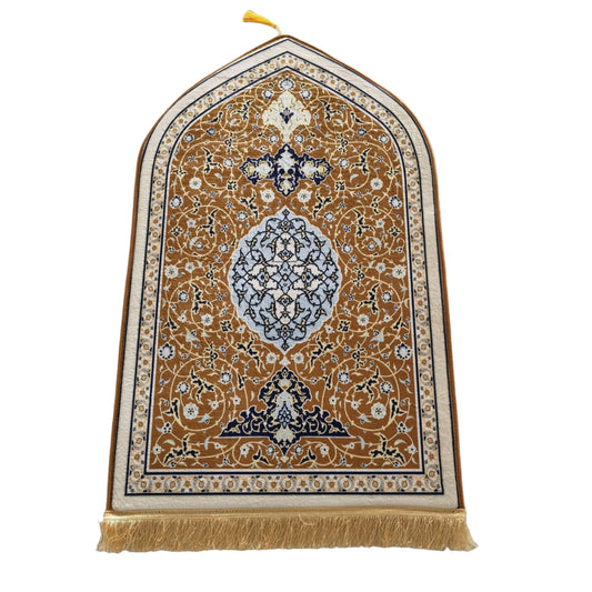 Decorative prayer rug with intricate patterns on a white background