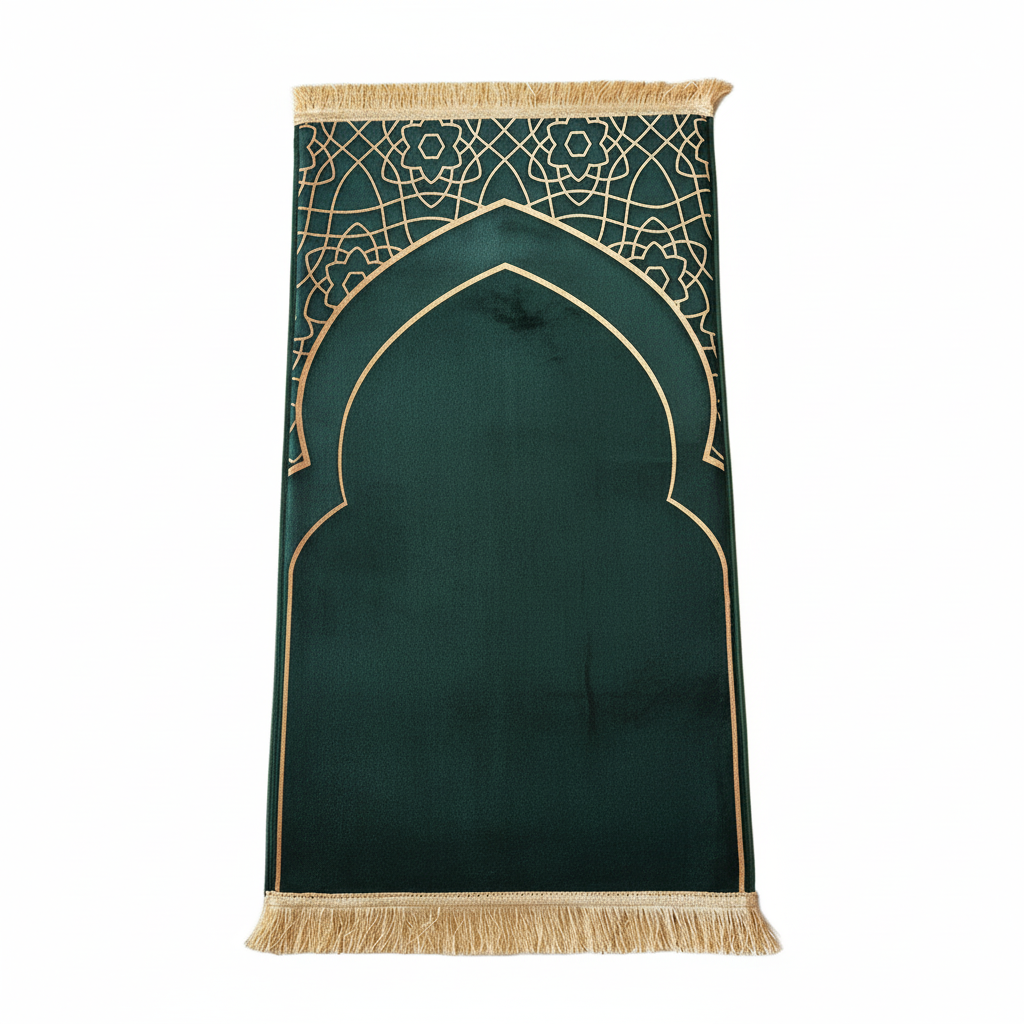 Green prayer mat with gold geometric patterns and fringes on a white background