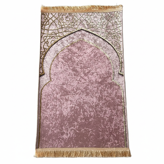 Decorative prayer mat with arch design and fringes on a white background