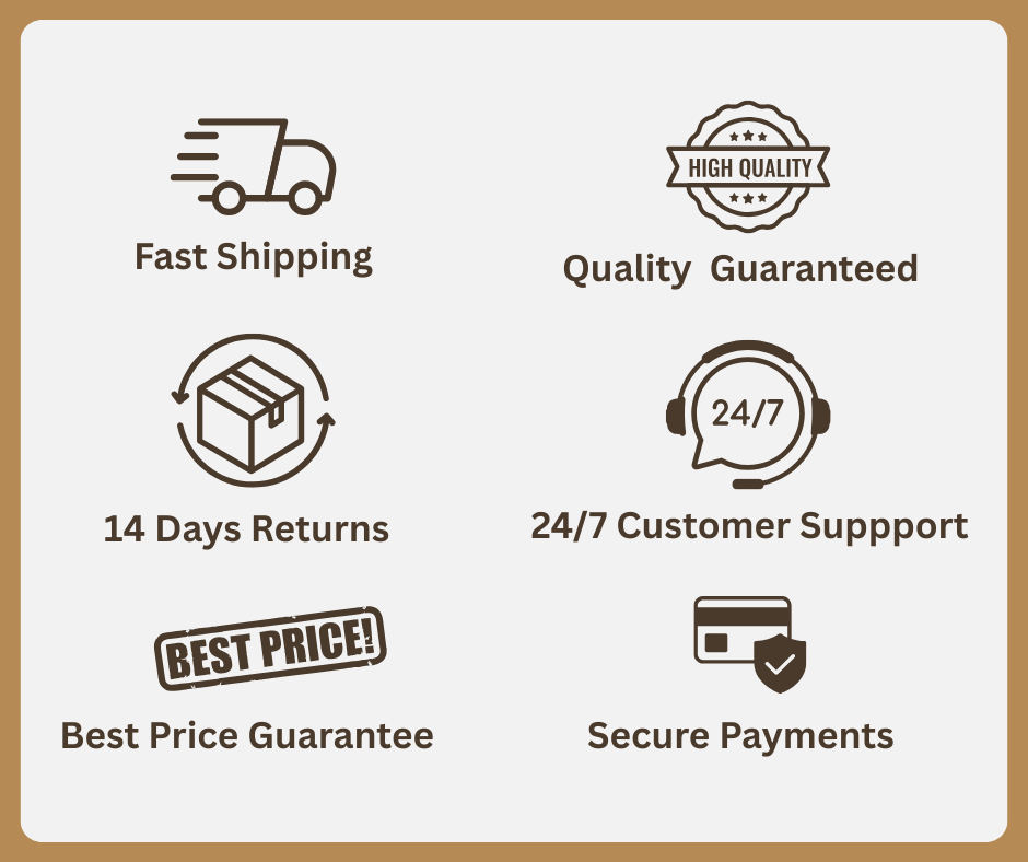 Set of icons and text representing various guarantees and services on a beige background