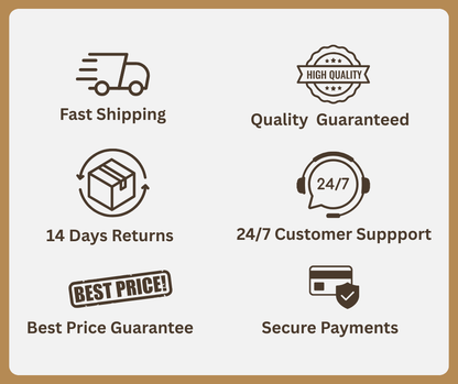 Set of icons and text representing various guarantees and services on a beige background