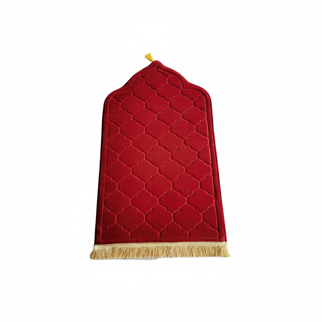 Red prayer mat with a yellow string on a white background
