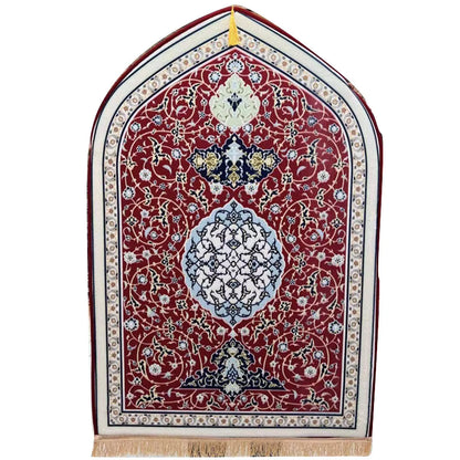 Decorative prayer rug with intricate patterns on a white background