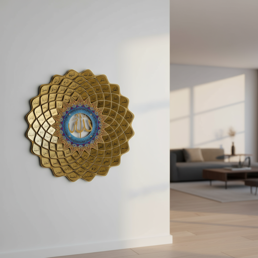 Decorative islamic  wall art with geometric design in a modern living room